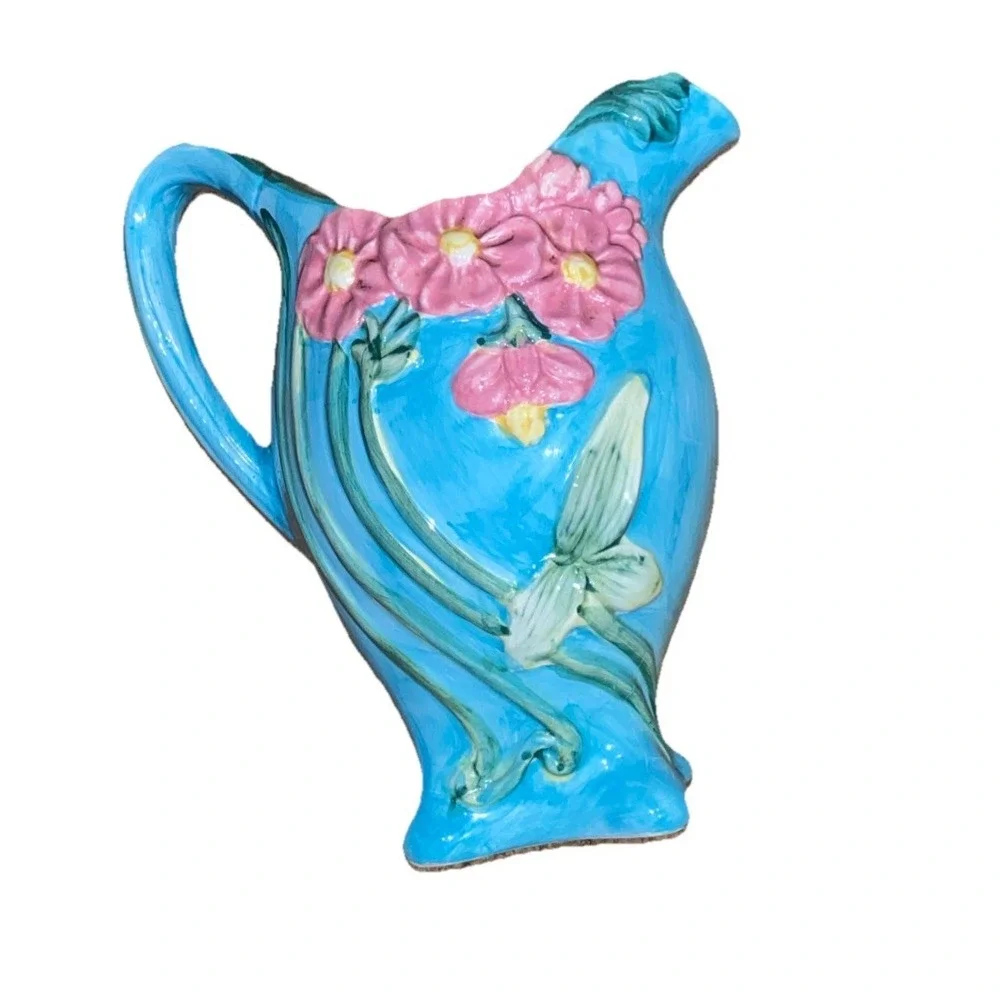 Pottery Pitcher Ewer Vase‎ Pastel Blue Pink Majolica Floral Flowers 9.5